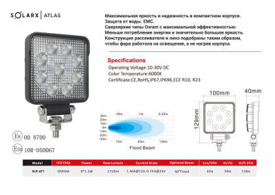 Фара светодиодная SolarX Atlas LED 9*1.5W Osram Flood